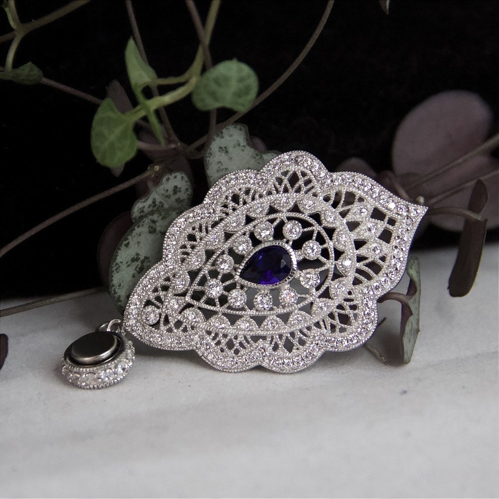 ESPO Sterling Silver 925 CZ Blue Sapphire Magnetic Snap Filigree‎ Pendant